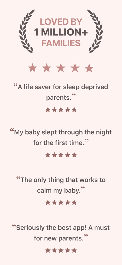 Positive user testimonials and five star ratings for the Sleeptot baby sleep app showing it is loved by over one million families