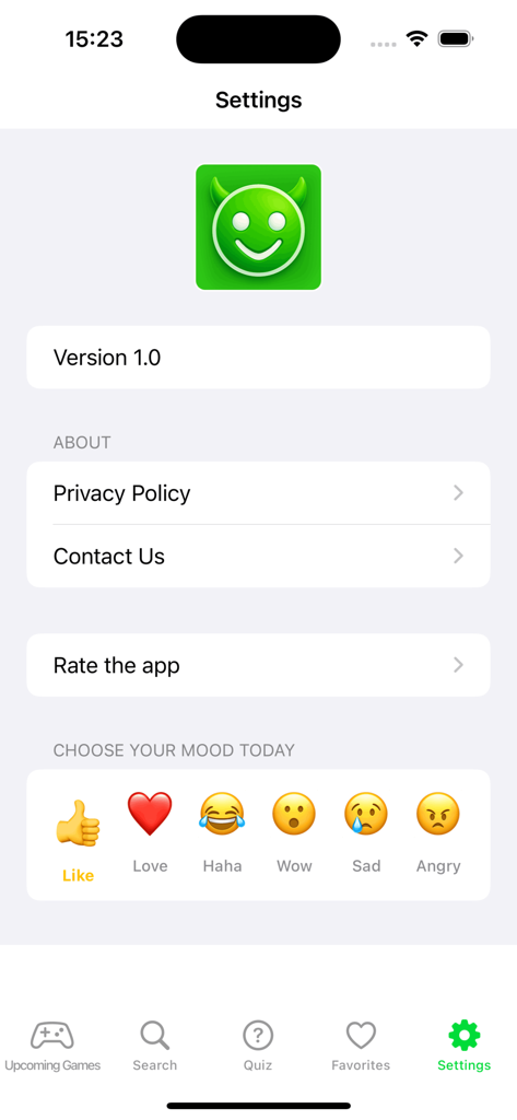 Settings screen of the HappyMood app featuring app version information and a mood selection section with various emojis.
