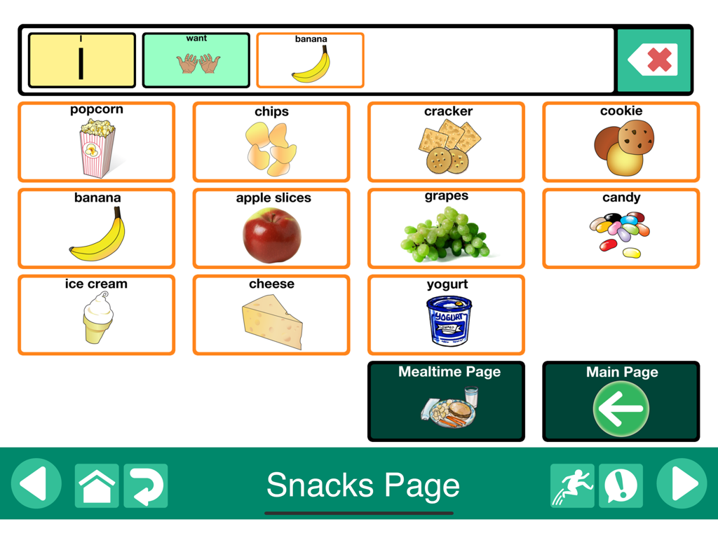 Interface of GoTalk NOW PLUS AAC app showing a snacks selection page with food icons and a sentence construction bar at the top