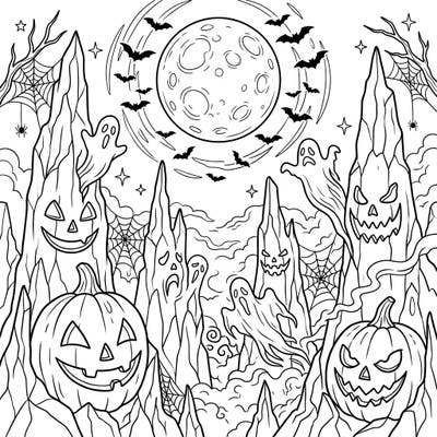 Prepare for a chillingly creative session with this unique Halloween coloring page, where jagged seracs transform into haunted spirits. Immerse yourself in a spooky landscape filled with grinning jack-o'-lanterns and spectral ghosts under a mysterious full moon.