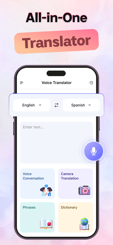 All Translate AI: Voice, Text - All Translate AI app interface featuring voice translation camera translation phrases and dictionary tools