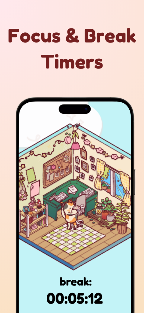 Focus Friend, by Hank Green - Focus Friendアプリのインターフェイス。キティビーンキャラクターと休憩タイマーのカウントダウンが表示された、居心地の良いアイソメトリックな部屋が表示されています。