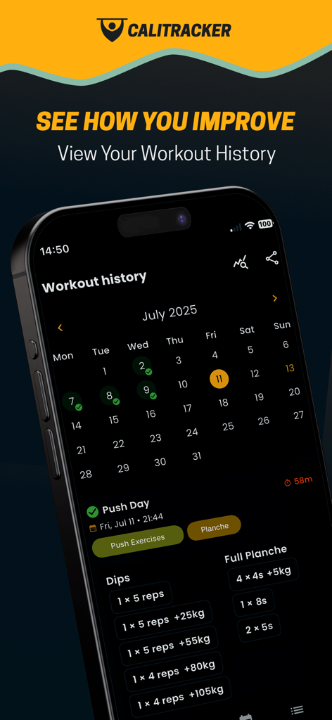 Calisthenics & Gym Tracker - Workout history screen showing a calendar and exercise logs for calisthenics movements like dips and planche