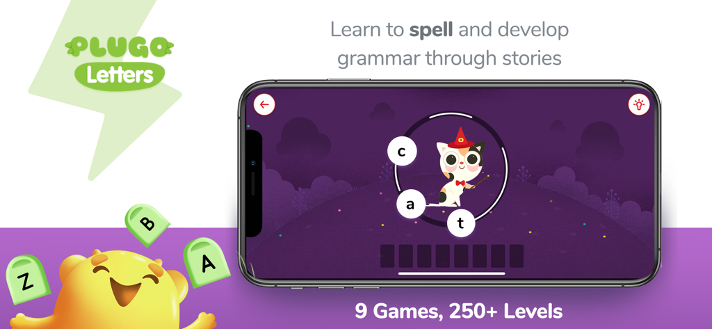 Interface de l'application Plugo Letters montrant un chat et des lettres d'orthographe pour l'apprentissage de la grammaire