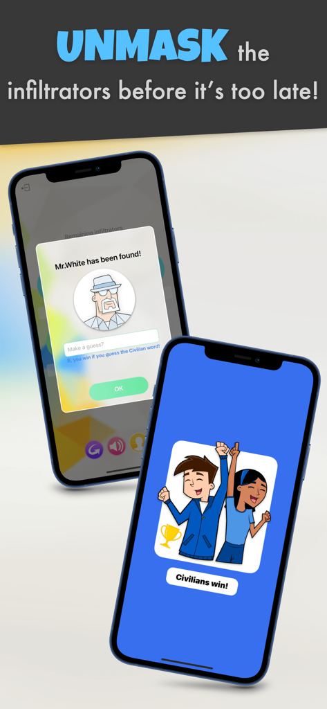 Deux captures d'écran mobiles du jeu Undercover montrant que M. White a été retrouvé et une capture d'écran célébrant la victoire des Civils