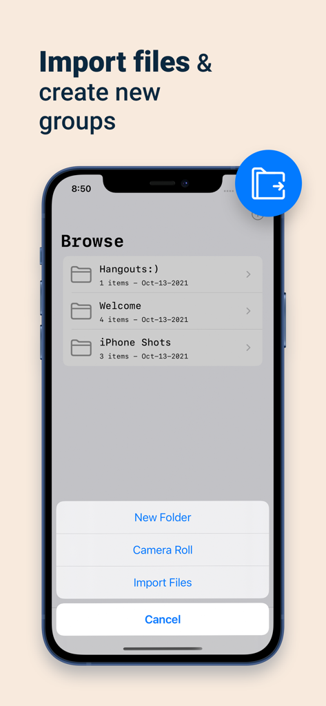 D Manager IDM - Interface of D Manager IDM showing file folders and options to import files and create new groups on an iPhone.