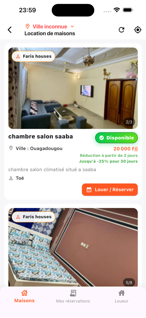 Faris - Mobile app interface showing house rental listings in Ouagadougou for the Burkinabe diaspora.