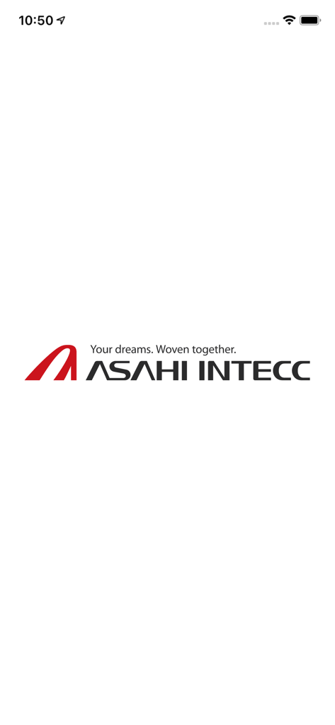 Asahi Intecc App Startbildschirm mit Firmenlogo und Slogan