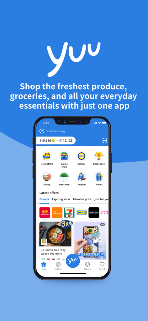 Telefono cellulare che visualizza l'interfaccia dell'app di ricompense e shopping yuu HK e Macao