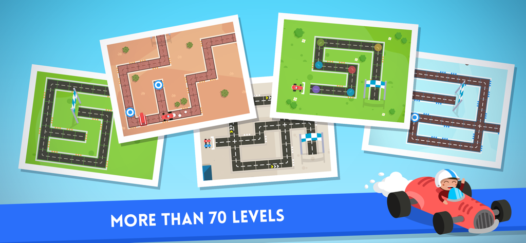 Code Karts - School Edition - A display of several race track puzzle screenshots from Code Karts featuring different environments and the text more than 70 levels.