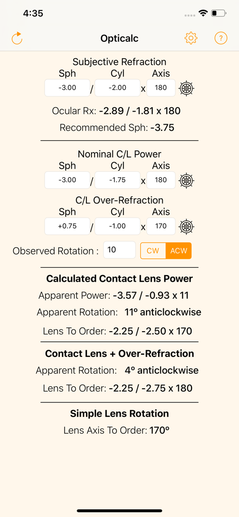User interface of the Opticalc app for calculating contact lens power and rotation.