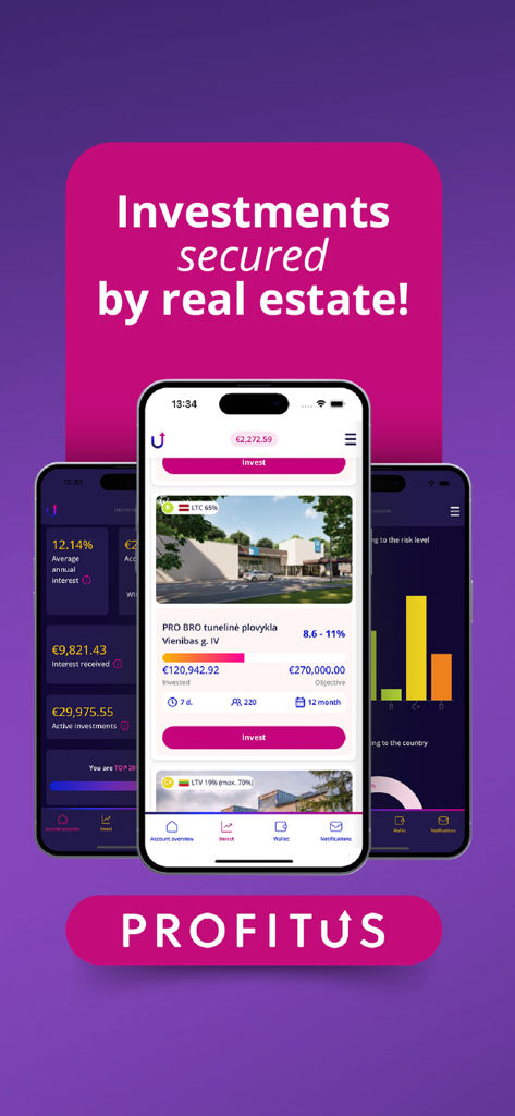 PROFITUS - PROFITUS mobile app interface showcasing real estate investment portfolios and mortgage secured projects.