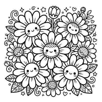 Unleash your creativity with this delightful Kawaii Shasta Daisies coloring page, brimming with adorable floral characters. Each cheerful bloom features sweet expressions and bold outlines, perfect for a relaxing and fun coloring experience.