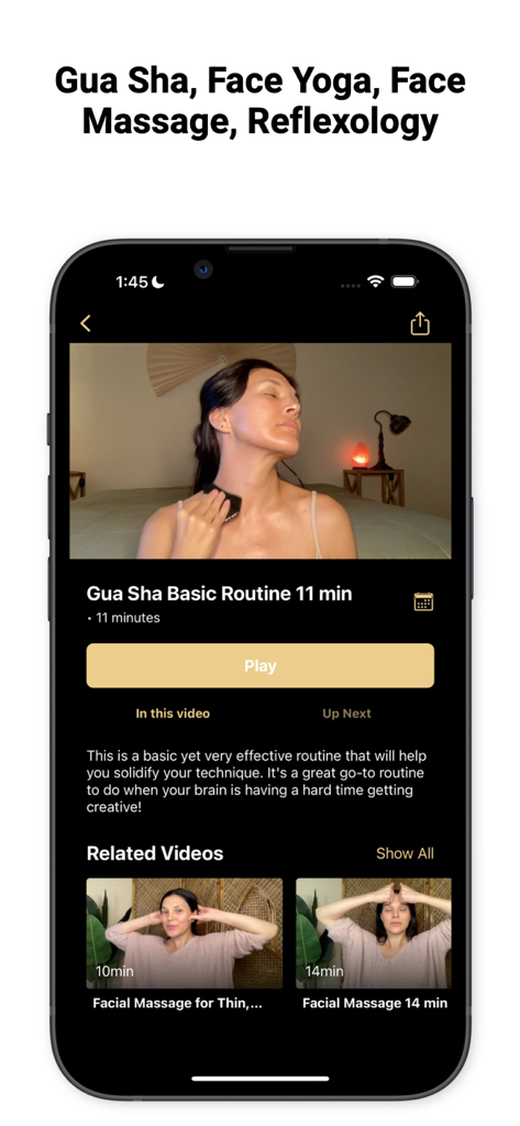Skin Within Studio app interface showing a Gua Sha basic routine video tutorial for holistic facial massage