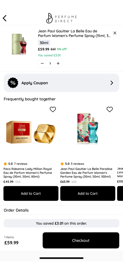 Checkout screen of the Perfume Direct app featuring designer perfumes in a shopping cart with price savings and a checkout button.