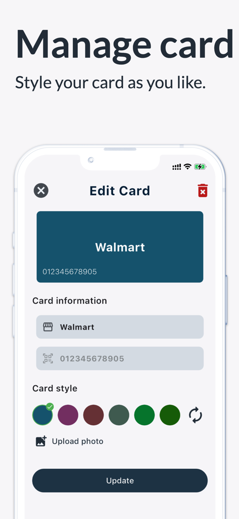 Interface showing how to customize a digital Walmart loyalty card in the Fotom app