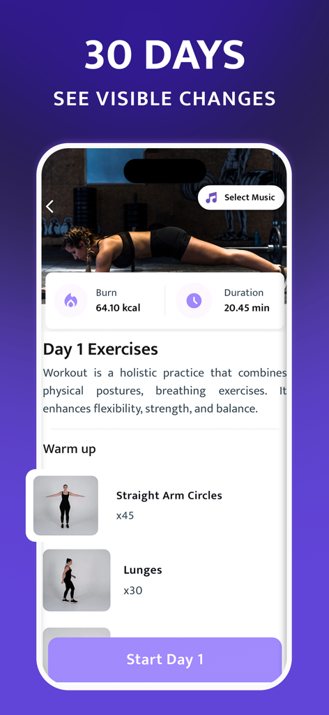 Workout for Women, Fitness - Workout for women app screen showing a 30 day challenge with Day 1 exercises and warm up routines