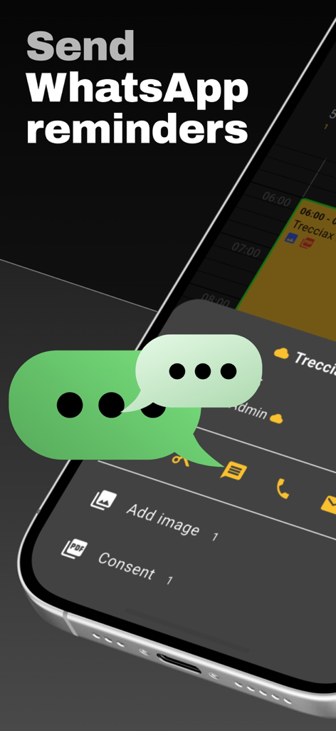 Interface of Studio Artist app showing the Send WhatsApp reminders feature for tattoo and PMU studio management