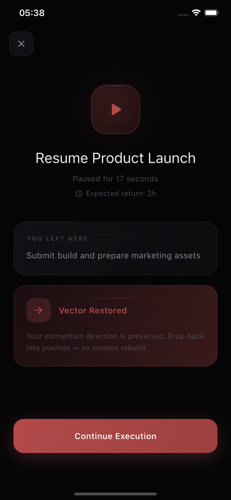 Pause Marker mobile app interface showing a resume screen for a product launch task with context details and a continue execution button