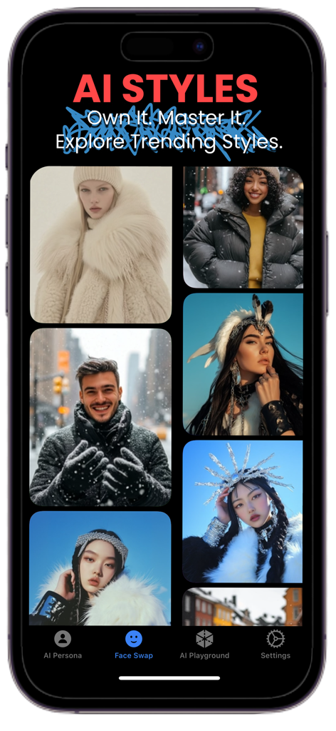 FakeMe app screenshot showing a gallery of trending AI face swap styles and fashion templates