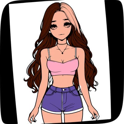 a realistic girl with long hair and in a crop top and shprts