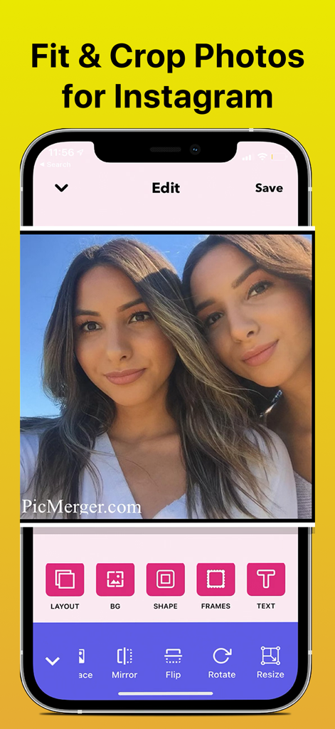 PicMerger Edit Pics & Collages - Smartphone displaying the PicMerger app interface for fitting and cropping photos for Instagram