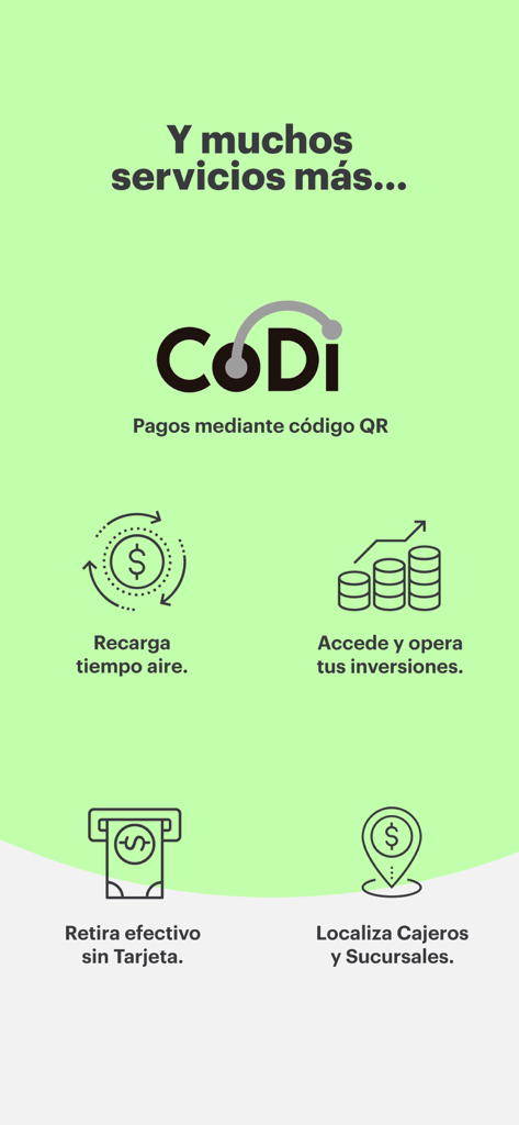 Afirme Móvil - Funciones de la aplicación bancaria Afirme Movil que muestran pagos CoDi QR, recarga de tiempo aire, inversiones y opciones de retiro sin tarjeta