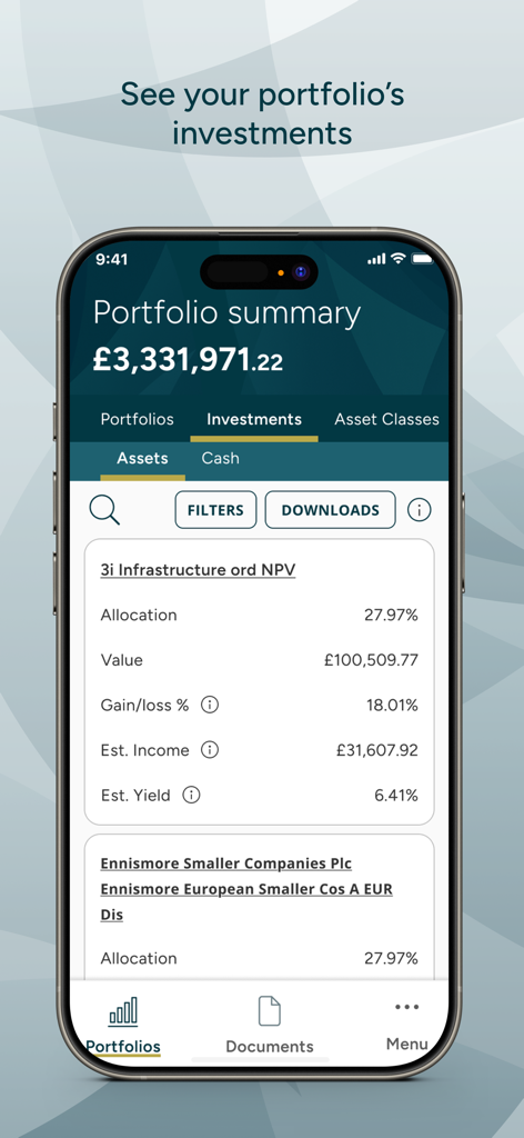 Quilter Cheviot - The Quilter Cheviot app interface showing a portfolio summary with a total valuation and detailed asset allocation metrics.