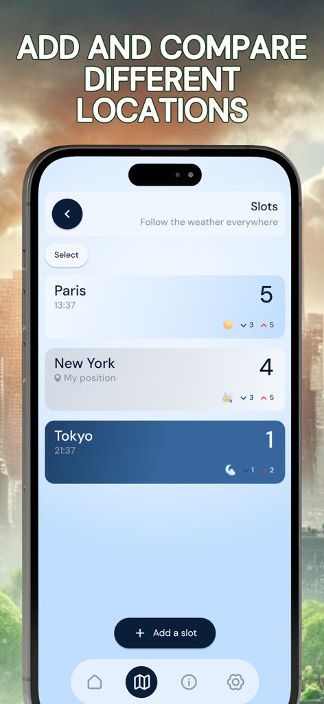 Pollution • Pollen • Widget - Screenshot of the app showing the air quality index for different cities including Paris, New York, and Tokyo