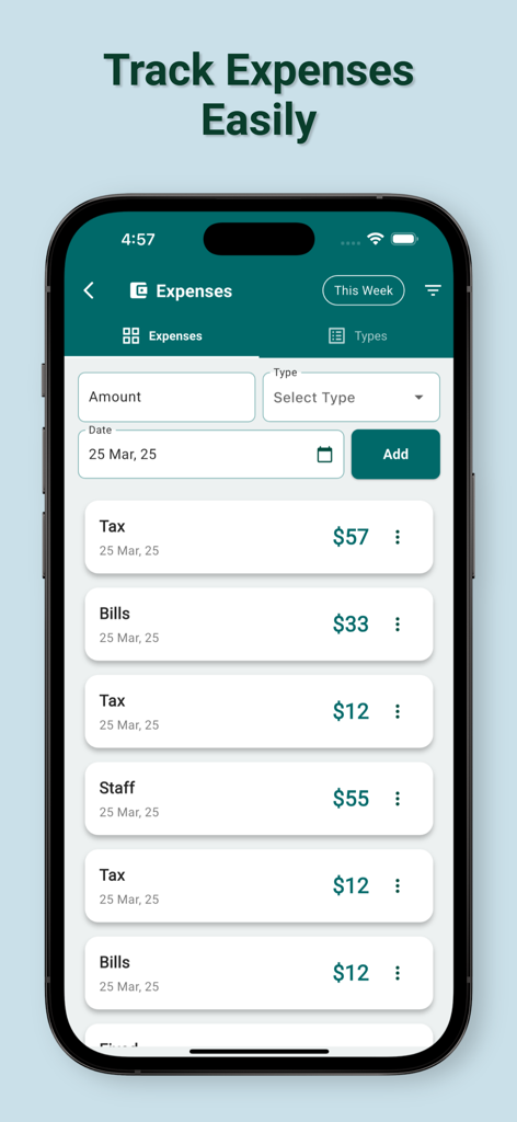iPhone screen showing the expense tracking dashboard of a restaurant POS app with a list of costs for taxes and staff