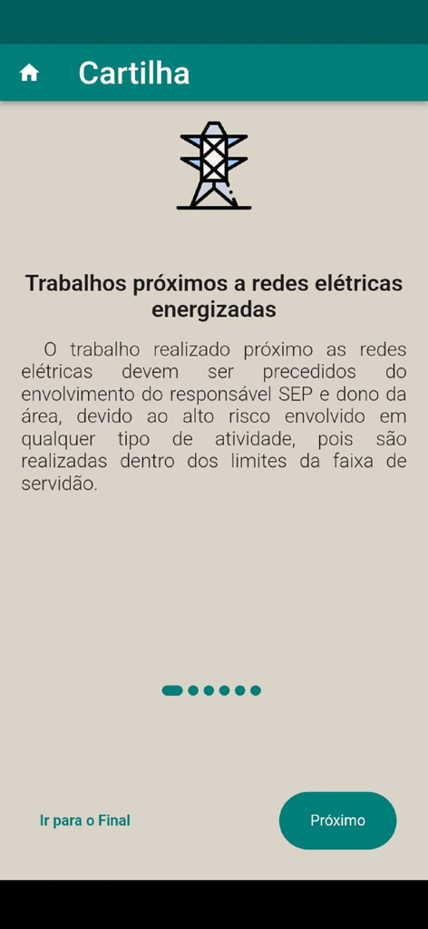 Zona Livre NR 10 - Safety instruction screen regarding electrical grids in the Zona Livre NR 10 app