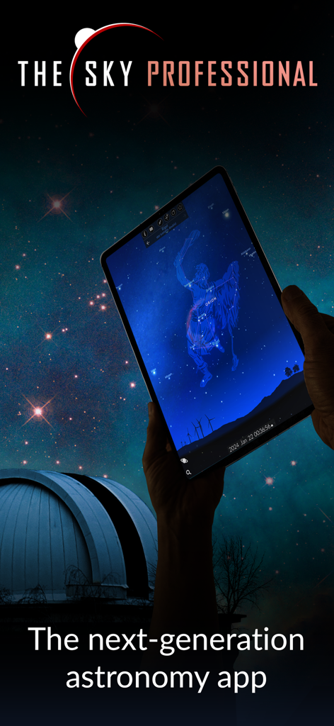 The Sky Pro by Redshift - A person holding an iPad displaying a star map of the Orion constellation within The Sky Pro by Redshift app