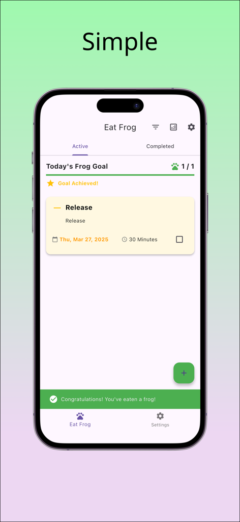 Frog - Eat That Frog Task M... - A simple task management interface showing a completed daily goal in the Frog app