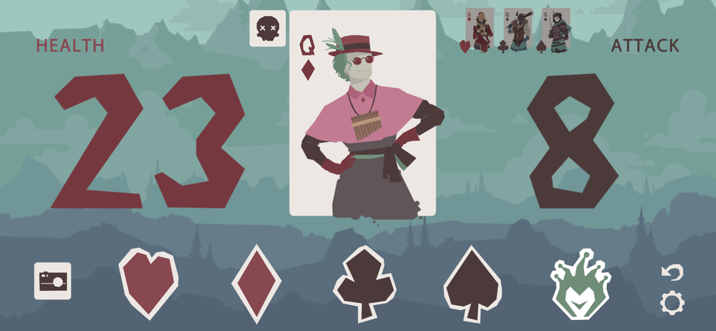 Regicide Companion - Interface of the Regicide Companion app showing health and attack stats for a Queen of Diamonds enemy card.