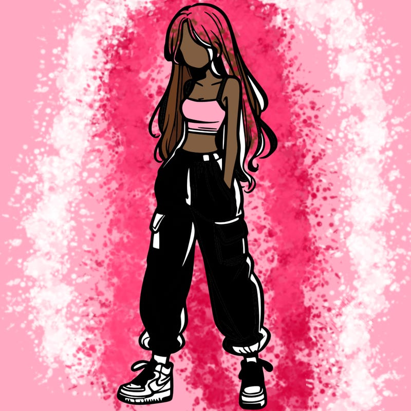 girl in baggy pants crop top and long hair