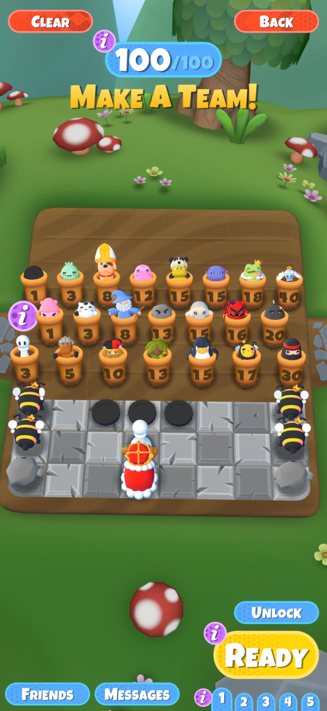 Chess Ultimate - Una pantalla de selección de equipo en el juego móvil Chess Ultimate con varios personajes peculiares para la jugabilidad estratégica