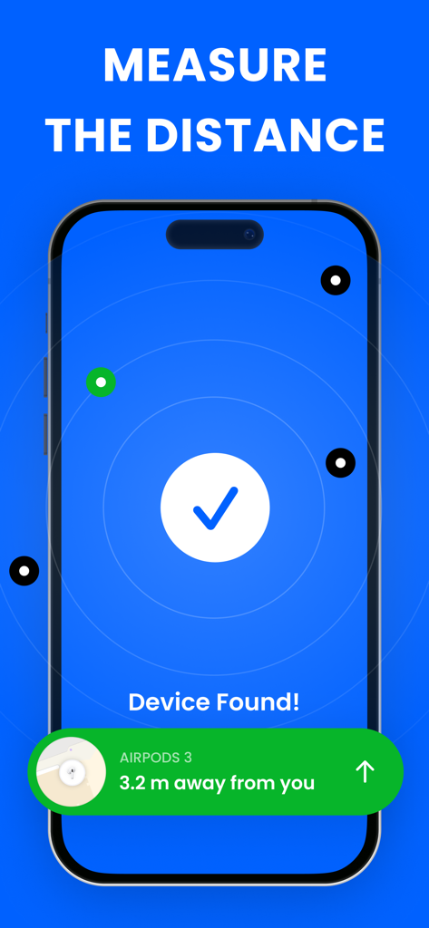 Bluetooth - BLE Device finder - Bluetooth BLE app interface showing distance tracking to find lost AirPods