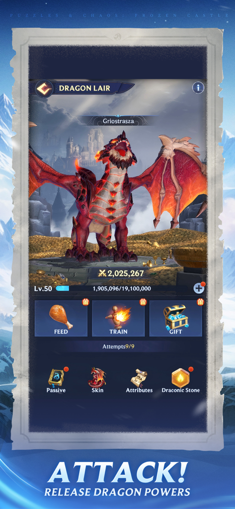 Dragon Lair interface in Puzzles and Chaos showing a large red dragon with options to feed train and gift