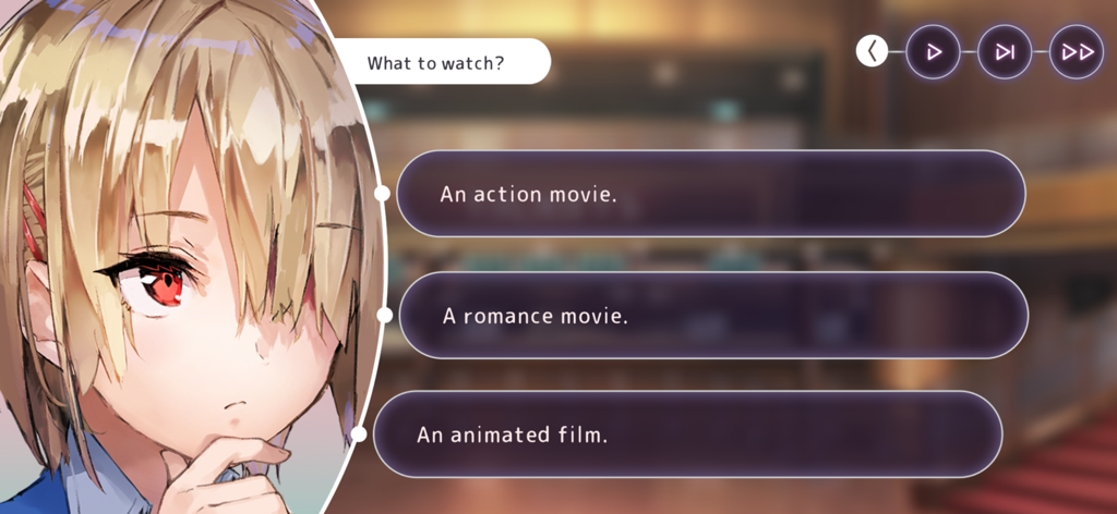 Um personagem de anime em Heaven Burns Red fazendo uma escolha de diálogo narrativo entre três opções de filme