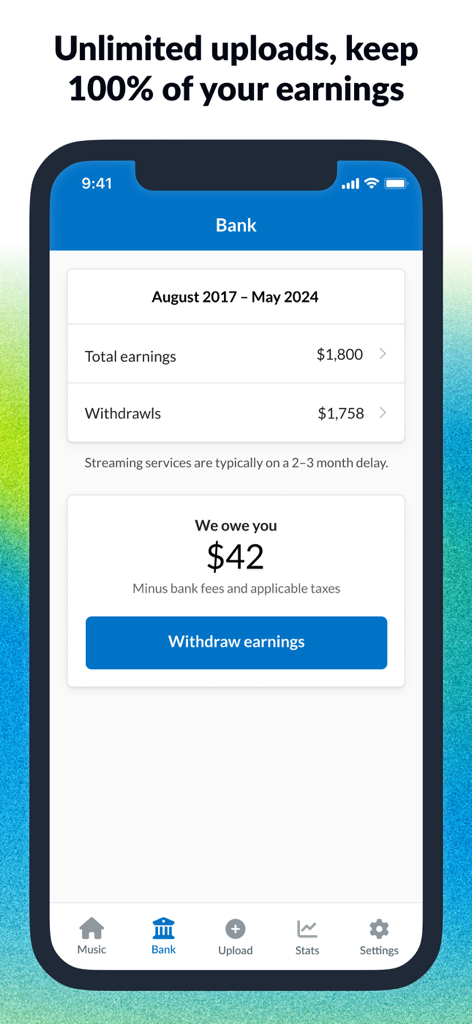 DistroKid - DistroKid app bank screen showing artist earnings and withdrawal options