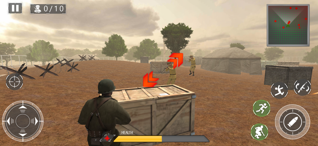 Third-person gameplay of D-Day World War 2 Battle showing a soldier in a military camp with crates and tents