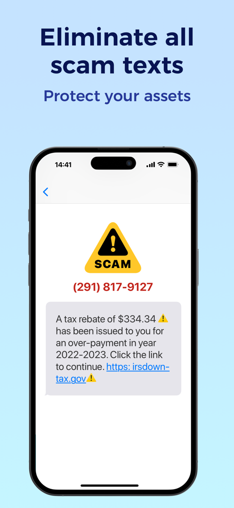 RealCall app identifying and blocking a fraudulent tax rebate SMS message