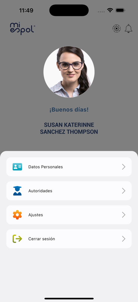 Mi ESPOL - User profile screen of the Mi ESPOL mobile application showing personal information and account settings