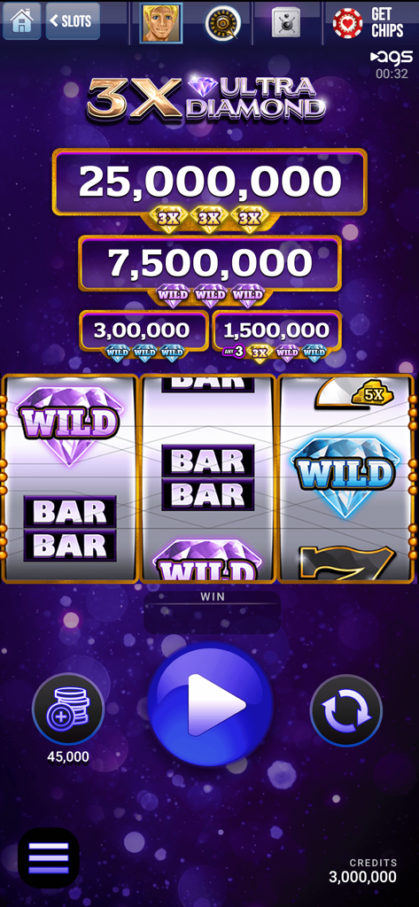 Lucky Play Casino Slots Games - Lucky Play Casino 3X Ultra Diamond slot machine interface with high jackpots and purple diamond symbols.