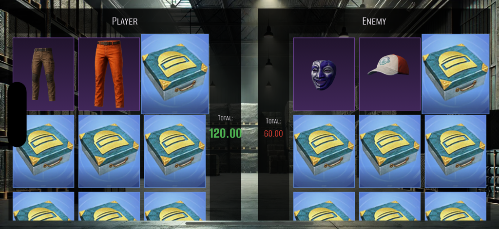 A PvP crate opening duel showing the player and enemy inventory comparison with item values