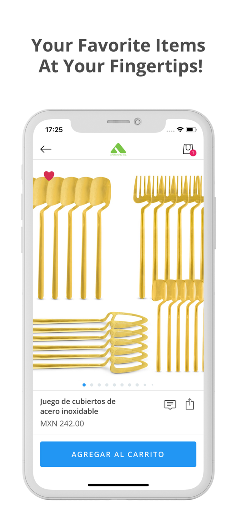 Andromeda Inc - app - Una pantalla de smartphone que muestra un juego de cubiertos dorados en la app de compras Andromeda Inc con un botón para agregar al carrito.
