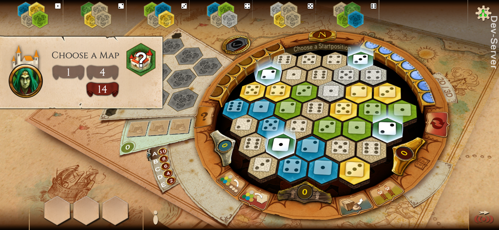 Digital game screen of The Castles of Burgundy showing map selection and hexagonal board tiles.