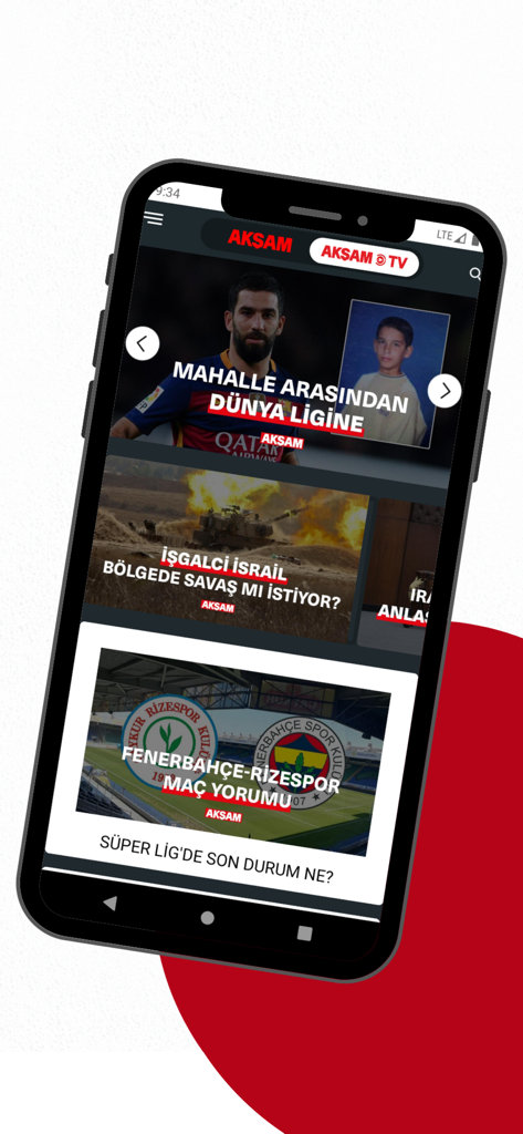Un smartphone mostrando la aplicación de noticias AKŞAM Gazetesi con titulares turcos sobre fútbol y política