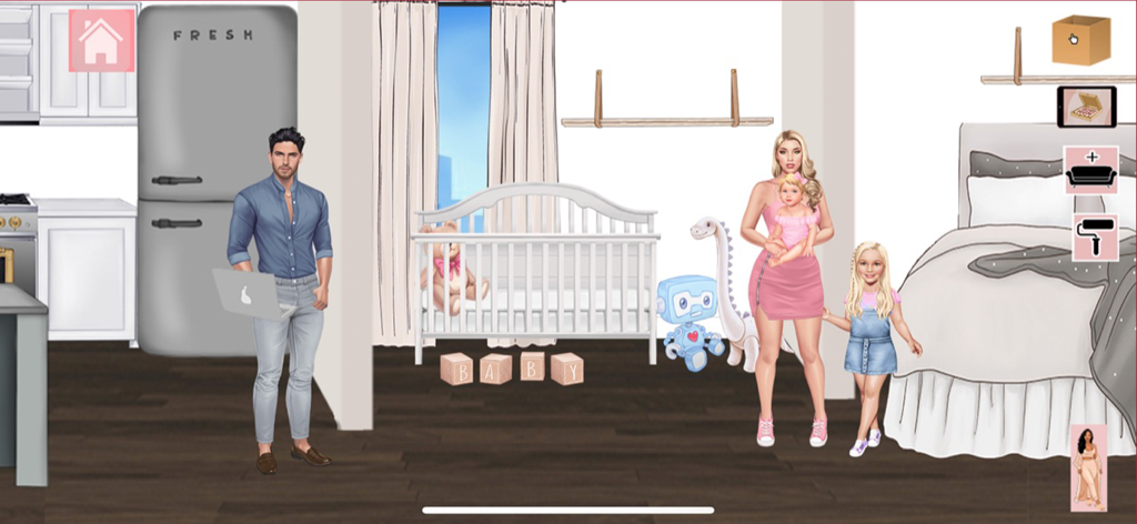 Lofti: Dreamy Room Decor Game - A family characters in a custom designed nursery and bedroom within the Lofti room decor game.