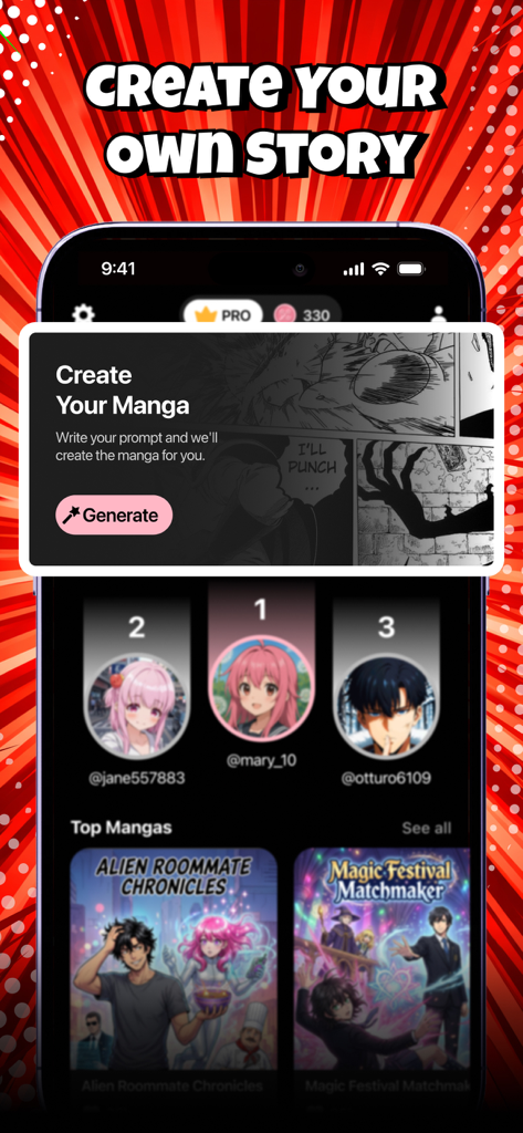 Sakura Manga Reader app interface featuring an AI manga generation tool and a community leaderboard.
